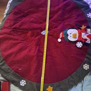 Festive Red and Gray Christmas Tree Skirt with Penguin Design